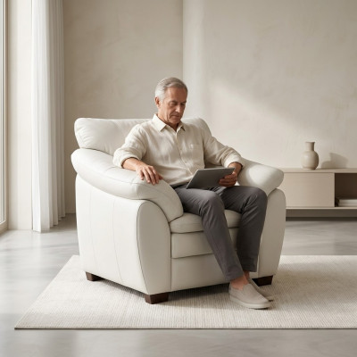 White armchair, study room furniture, office upholstered armchair, textile seat.