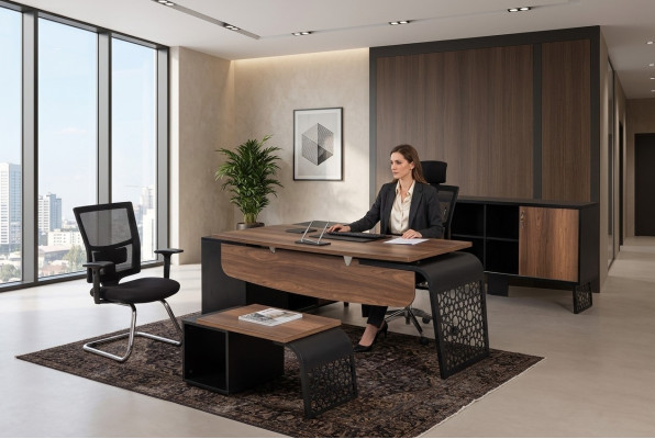 Modern office furniture set, workplace design, corner desk, cabinet