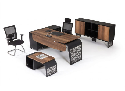 Modern office furniture set, workplace design, corner desk, cabinet