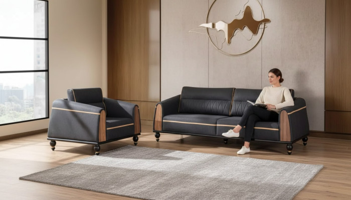 Black Sofa Set Modern Suite Three-Seater Armchair Fabric Furniture 2-Piece Set