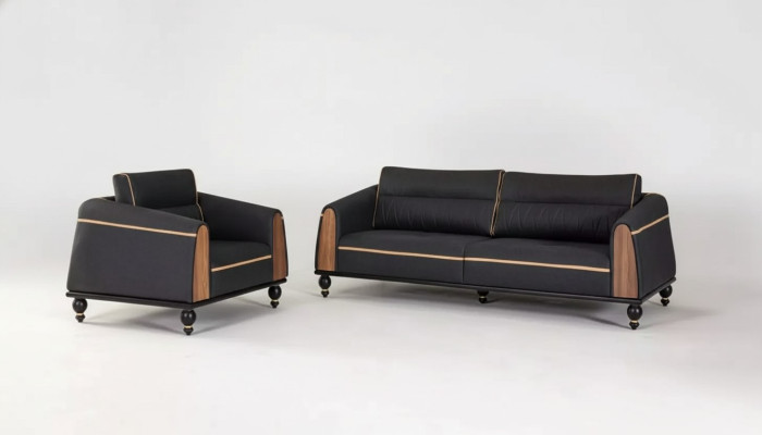 Black Sofa Set Modern Suite Three-Seater Armchair Fabric Furniture 2-Piece Set