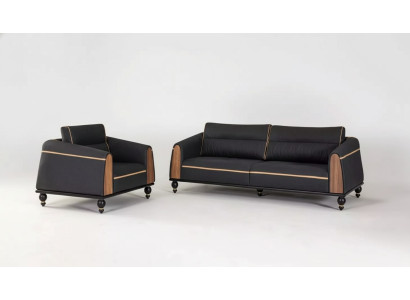 Black Sofa Set Modern Suite Three-Seater Armchair Fabric Furniture 2-Piece Set