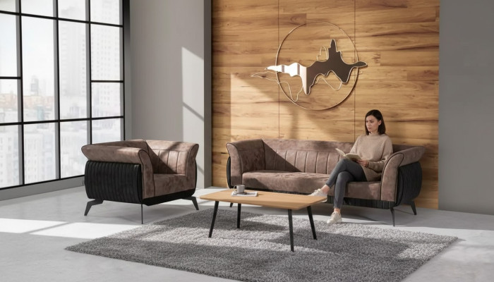 Brown sofa suite three-seater armchair office furniture couch set 2 pcs