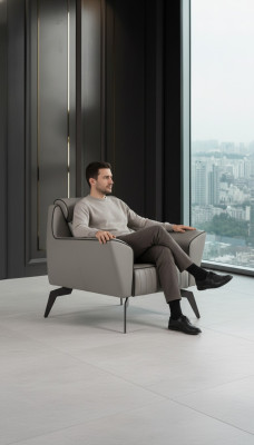Luxury armchair, study room, gray seating, furnishings, new upholstered armchair