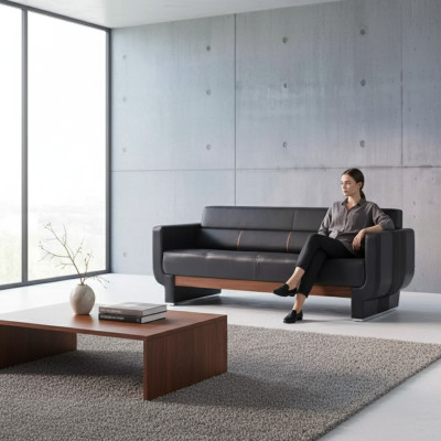 Black three-seater couch modern leather furniture office furnishings upholstery