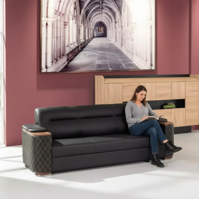 Office furniture, three-seater couch, black luxury upholstered sofa, study room, new