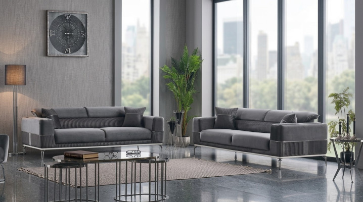 Gray designer couch, club furniture, couches, 3+3 seater upholstery, 230cm sofas.