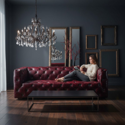 Chesterfield Sofa 3-Seater Leather Sofa Couch Upholstered Sofa Bordeaux Leather Sofas