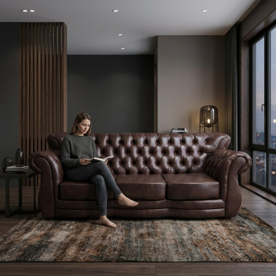 Chesterfield 3-seater luxury brown leather sofa