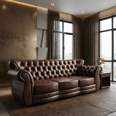 Chesterfield 3-seater luxury brown leather sofa