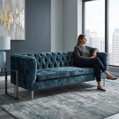 Luxury Chesterfield Sofa 3-Seater Couch Textile Modern Sofas Blue Turquoise