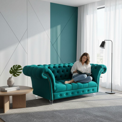 Chesterfield Luxury Sofa 2 Seater Fabric Couch Blue Sofas Green Couches