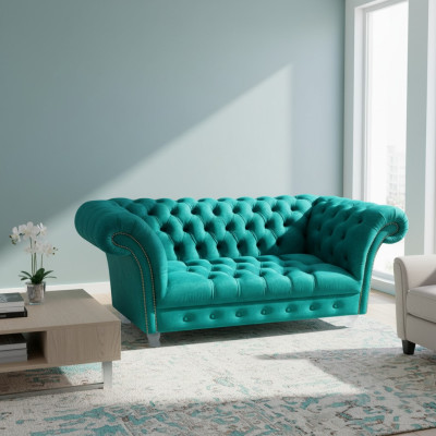 Chesterfield Luxury Sofa 2 Seater Fabric Couch Blue Sofas Green Couches
