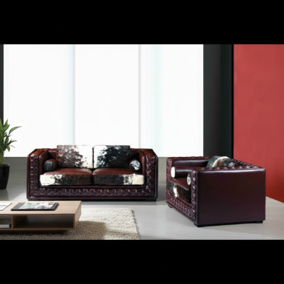 Dark red Chesterfield sofa set 3+2 seater 2-piece leather set with pony fur.