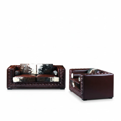 Dark red Chesterfield sofa set 3+2 seater 2-piece leather set with pony fur.