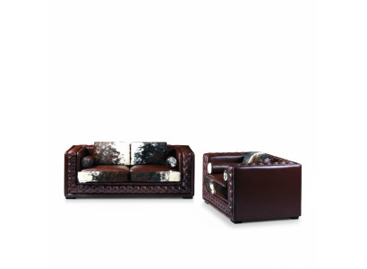 Dark red Chesterfield sofa set 3+2 seater 2-piece leather set with pony fur.