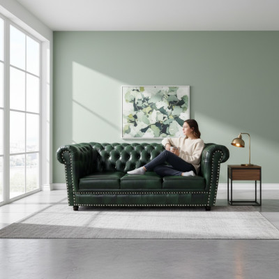 Chesterfield Sofa Three-Seater Genuine Leather Couch Green Leather Sofa 230cm Furniture