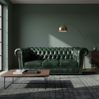 Chesterfield Sofa Three-Seater Genuine Leather Couch Green Leather Sofa 230cm Furniture