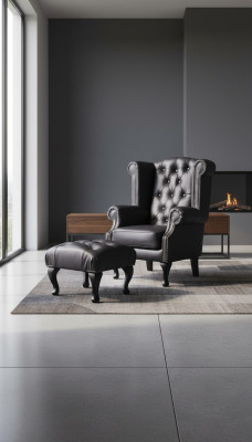 Luxury Wingback Chair and Ottoman Chesterfield Armchair Leather Black Modern