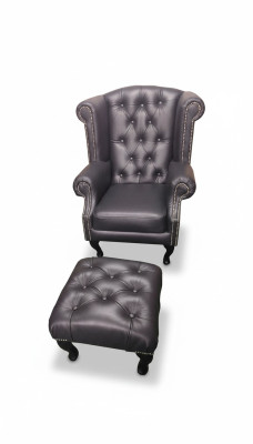 Luxury Wingback Chair and Ottoman Chesterfield Armchair Leather Black Modern