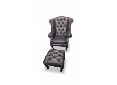Luxury Wingback Chair and Ottoman Chesterfield Armchair Leather Black Modern