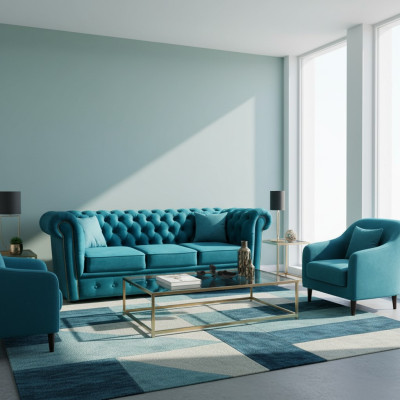 Chesterfield Sofa 3 Seater Fabric Couches Cloth Blue Modern Sofas