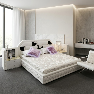 Luxury Bed Chesterfield Double Bed Genuine Leather with Pony Fur Beds White Furniture