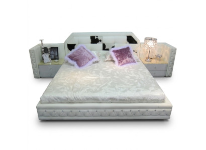 Luxury Bed Chesterfield Double Bed Genuine Leather with Pony Fur Beds White Furniture