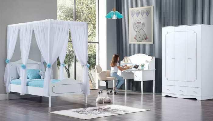 Children's room bedroom bed canopy bed 100x200cm white wood beds