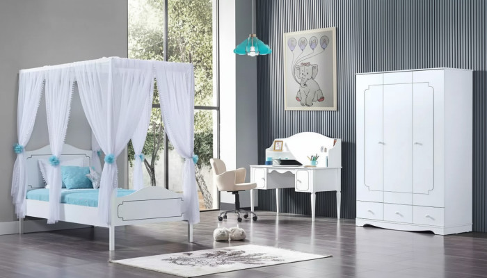 Children's room bedroom bed canopy bed 100x200cm white wood beds