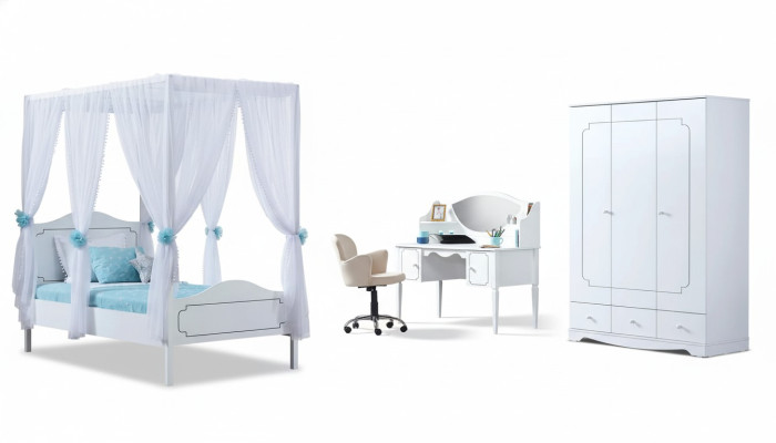 Children's room bedroom bed canopy bed 100x200cm white wood beds