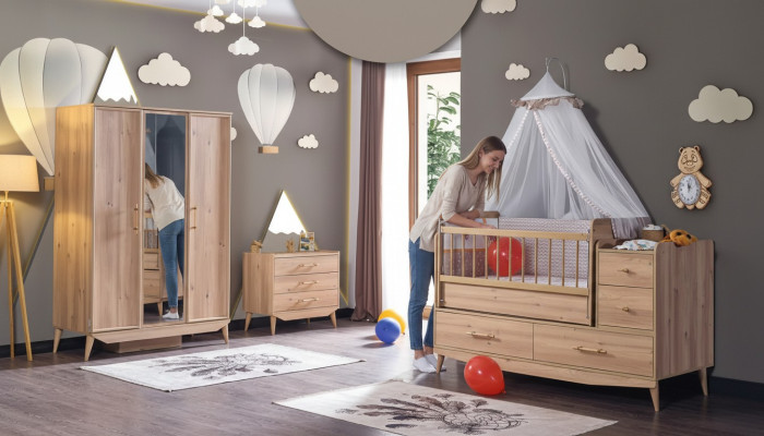 Infant bedroom complete room baby crib wardrobe dresser 3-piece set.