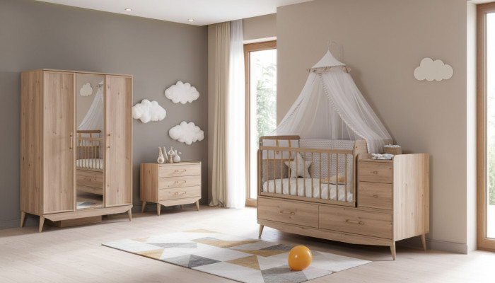 Infant bedroom complete room baby crib wardrobe dresser 3-piece set.
