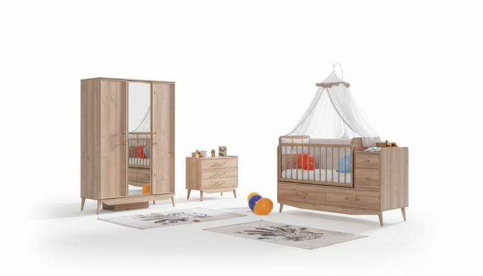 Infant bedroom complete room baby crib wardrobe dresser 3-piece set.
