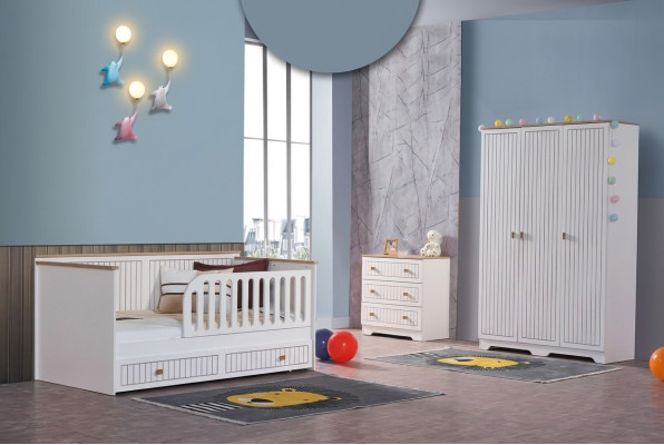 Children's room, teen room, white bed, dresser, wardrobe, 3-piece