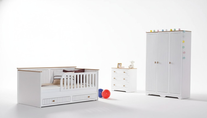 Children's room, teen room, white bed, dresser, wardrobe, 3-piece