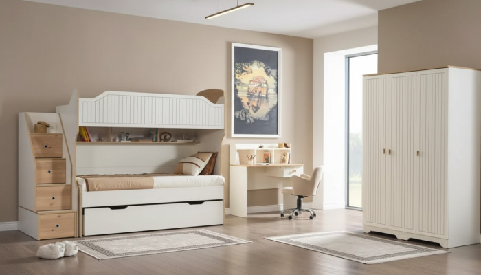 Children's room bunk bed loft bed set desk wardrobe 3-piece.
