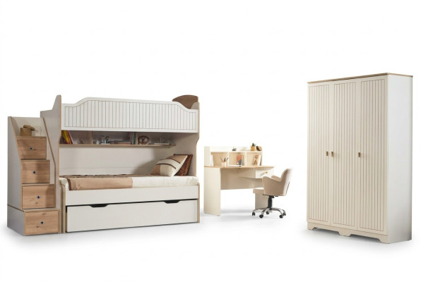 Children's room bunk bed loft bed set desk wardrobe 3-piece.