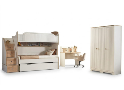 Children's room bunk bed loft bed set desk wardrobe 3-piece.