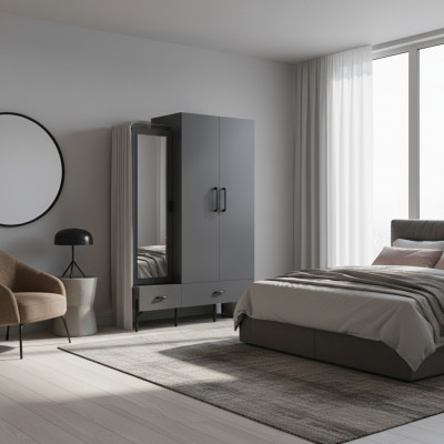 Wardrobe Gray Closet Cabinets Bedroom Wood Furniture 134cm