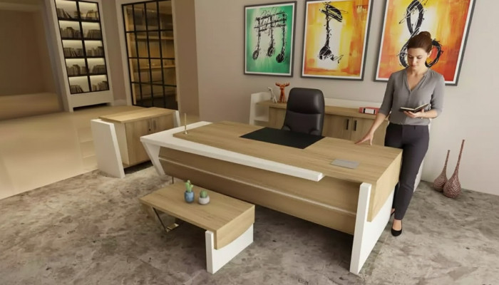 Desk, coffee table, filing cabinet, dresser, modern brown wood