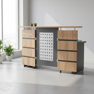 Modern reception counter with chest of drawers made of gray wood, new office furniture