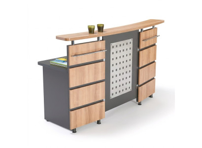 Modern reception counter with chest of drawers made of gray wood, new office furniture