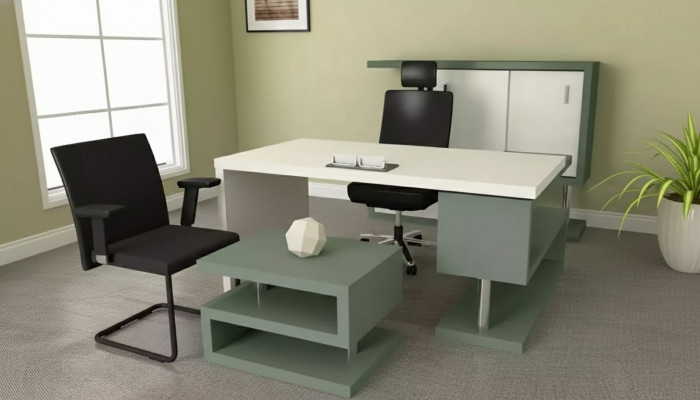 Modern exclusive office furniture wooden desk, filing cabinet, coffee table