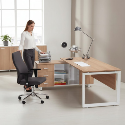 Corner table made of brown wood. Exclusive modern office furniture in the study.
