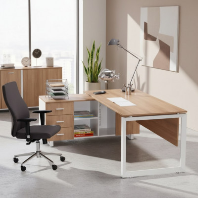 Corner table made of brown wood. Exclusive modern office furniture in the study.