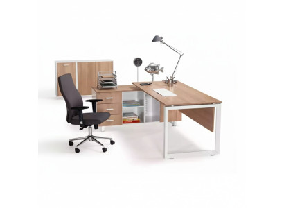 Corner table made of brown wood. Exclusive modern office furniture in the study.