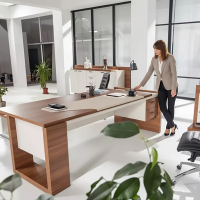 Modern desk luxury office furniture brown wood drawers exclusive