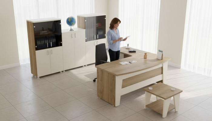 Office furniture: corner desk, desk, coffee table, 3 filing cabinets, 6-piece set