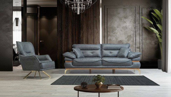 Modern designer gray living room with 3-seater sofa and new armchair